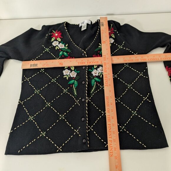 Vintage Poinsettia Beaded Cardigan Womens Size Large Black Embroidered V Neck - Picture 8 of 10